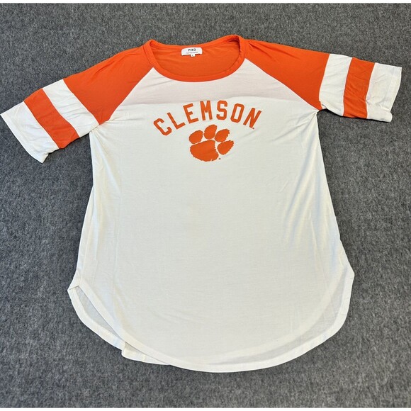 Piko Tops - Piko T Shirt Clemson Tigers Sz L White Orange Ringer Raglan Rounded Hem